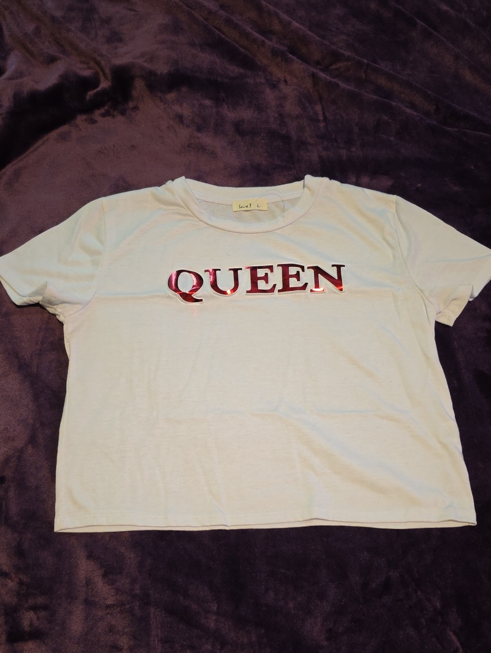 love J White Crop Tee with Metallic Pink "QUEEN" Graphic